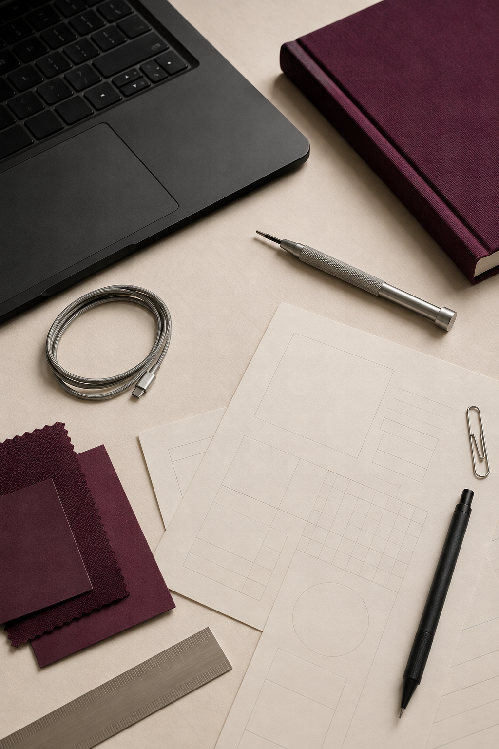 Creative digital mechanic flat lay with a laptop, plum notebook, silver tools, cable, planning sheets and design materials