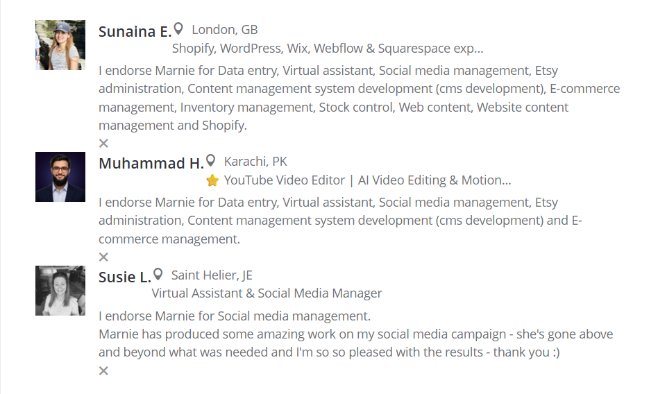 PeoplePerHour endorsements for Marnie from Sunaina E, Muhammad H and Susie L